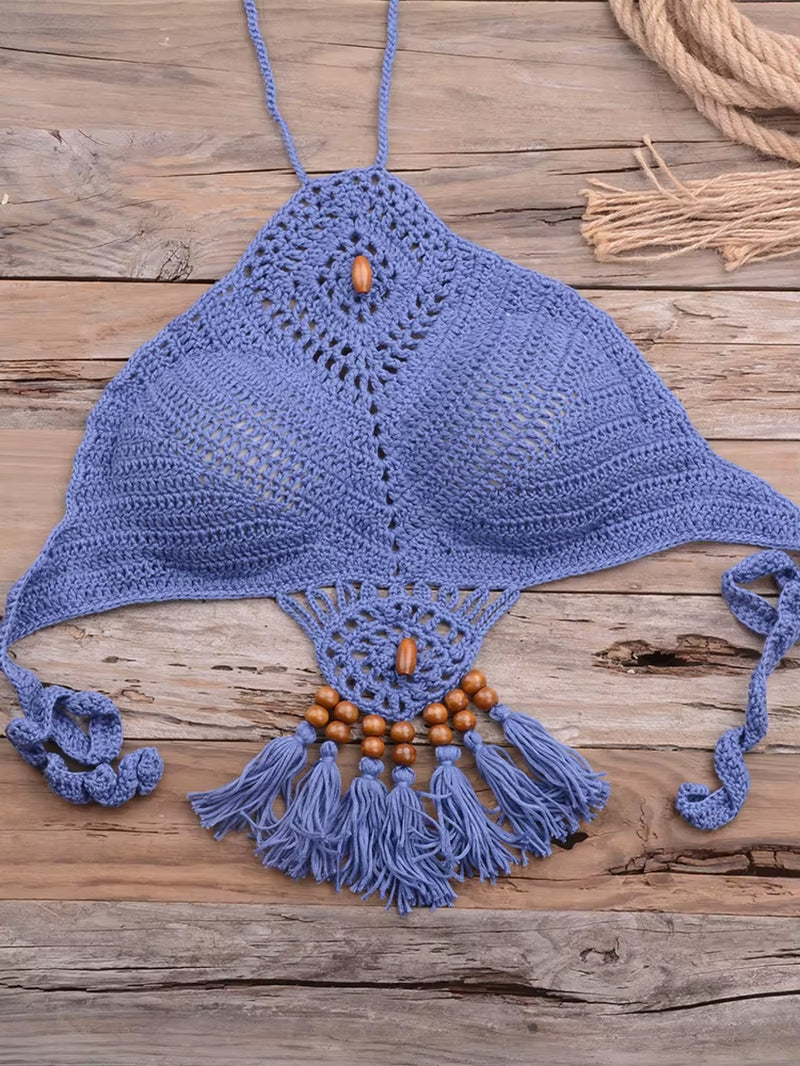 Bikini 2022 Knitting Swimsuit Crochet Bikini Bohemia Style off Shoulder High Neck Bathing Beach Bikinis Handmade Crochet Bikini
