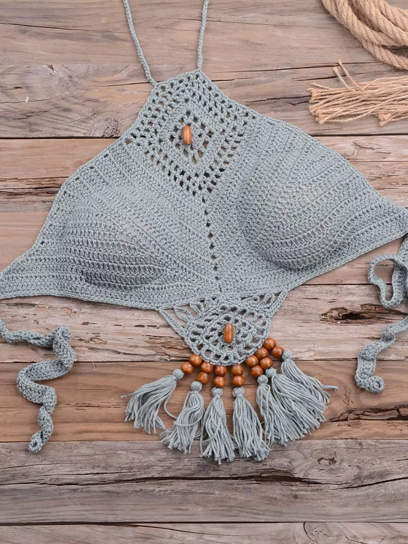 Bikini 2022 Knitting Swimsuit Crochet Bikini Bohemia Style off Shoulder High Neck Bathing Beach Bikinis Handmade Crochet Bikini