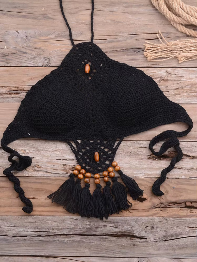 Bikini 2022 Knitting Swimsuit Crochet Bikini Bohemia Style off Shoulder High Neck Bathing Beach Bikinis Handmade Crochet Bikini