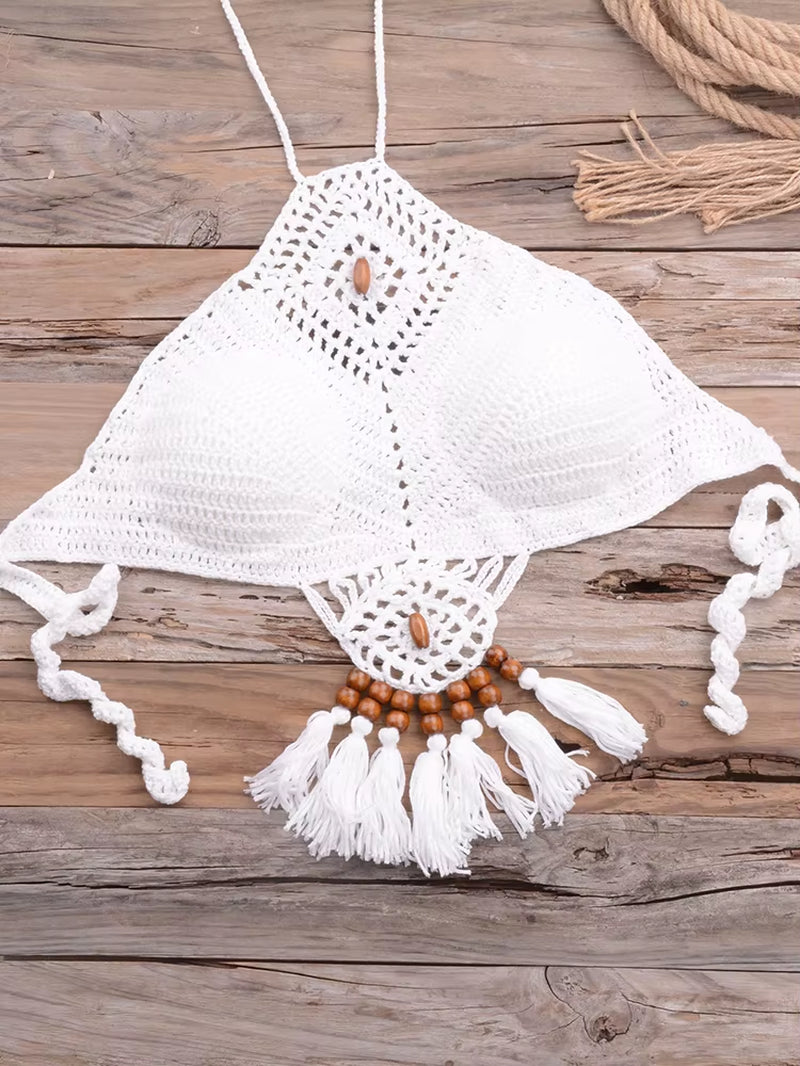 Bikini 2022 Knitting Swimsuit Crochet Bikini Bohemia Style off Shoulder High Neck Bathing Beach Bikinis Handmade Crochet Bikini