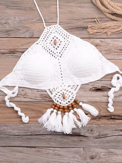 Bikini 2022 Knitting Swimsuit Crochet Bikini Bohemia Style off Shoulder High Neck Bathing Beach Bikinis Handmade Crochet Bikini